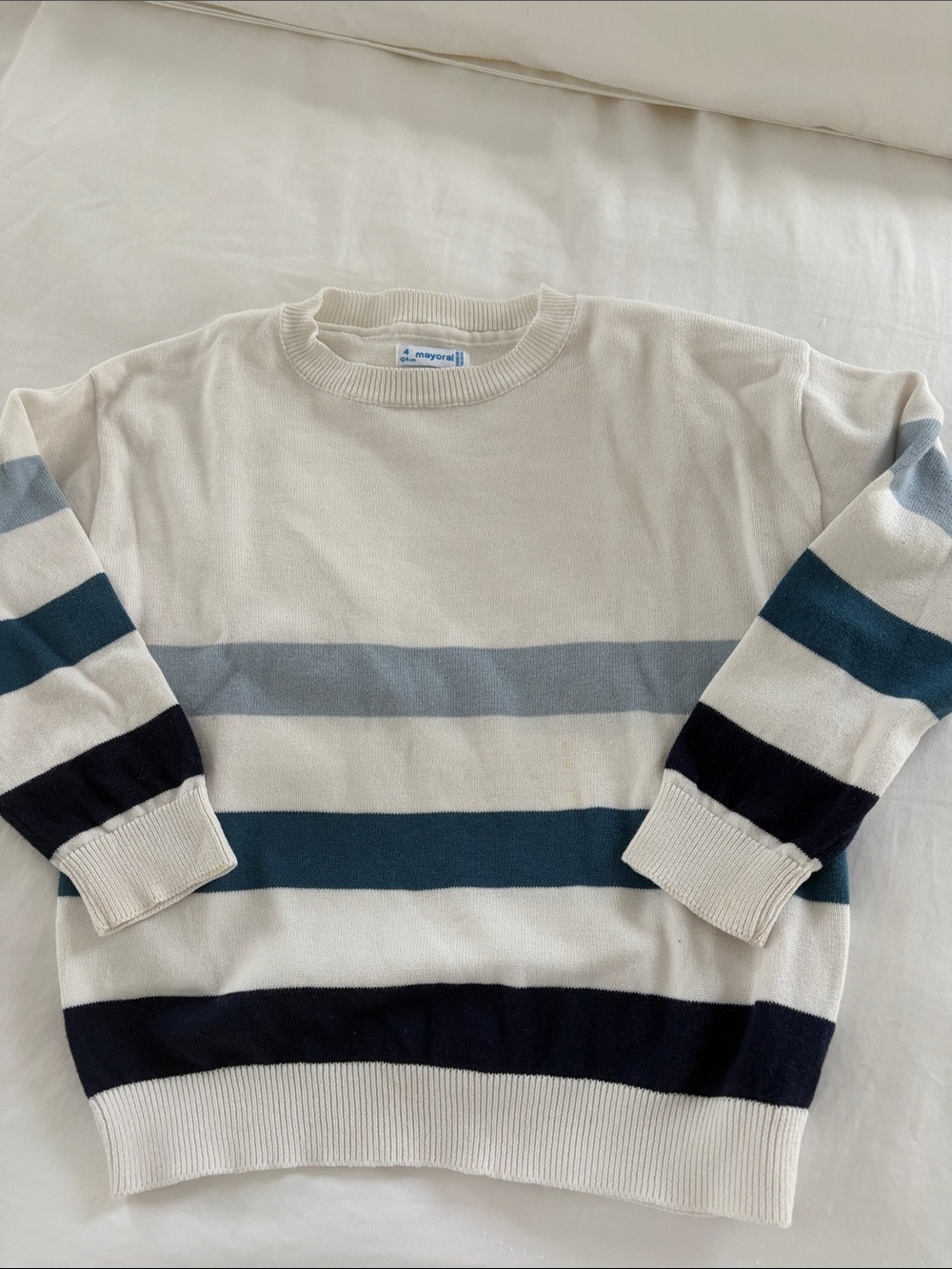 Mayoral Cream Striped Crewneck Sweater with Blue and Navy Bands 4T